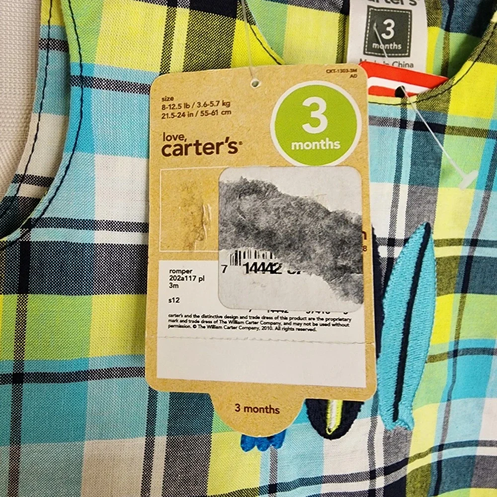 Carters Plaid Surfboard Romper Sleeveless Pockets Summer‎ Outfit 3 Months